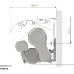 Grafika przedstawia szczegółowy rysunek techniczny w formie przekroju poprzecznego daszka markizowego złożonego z 3 elementów, zamontowanego na ścianie budynku. Schemat obrazuje wewnętrzną strukturę aluminiowych profili tworzących zadaszenie, które osłania mechanizm markizy wraz ze zwiniętą tkaniną i belką frontową. Na rysunku naniesiono precyzyjne wymiary: całkowity wysięg daszka od ściany wynosi 25,3 cm, wysokość od górnej krawędzi do osi montażowej uchwytu to 14 cm, natomiast całkowita wysokość całego systemu osłonowego wynosi 25,6 cm. Widoczny jest profil uszczelki przyściennej w górnej części oraz śruby montażowe mocujące konstrukcję do elewacji. W lewym dolnym rogu znajduje się podpis techniczny Daszek Markizowy 3 elementy.