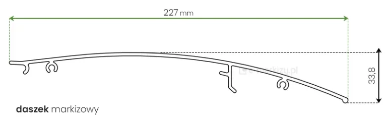 Rysunek techniczny przekroju bocznego z wymiarami blachy górnej daszka do markiz 22,5cm, w lewym dolnym rogu umieszczony napis "daszek markizowy"