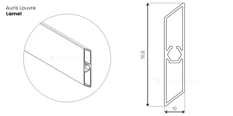 Specyfikacja techniczna oraz rysunek projektowy lameli systemu Auris Louvre przedstawiony w formie rzutu izometrycznego i przekroju poprzecznego. Lewa część grafiki, ujęta w zielonym okręgu, prezentuje trójwymiarowy widok pojedynczej listwy żaluzji, ukazując jej wydłużony kształt oraz komorową budowę wewnętrzną profilu. Prawa część to precyzyjny schemat konstrukcyjny z naniesionymi wymiarami w milimetrach, gdzie całkowita wysokość lamelu wynosi 51,8 mm, a jego grubość to 10 mm. Przekrój ujawnia charakterystyczną, romboidalną formę o ściętych pod kątem krawędziach górnej i dolnej, co sprzyja optymalnemu odprowadzaniu wody i zarządzaniu światłem. Wewnątrz profilu widoczna jest centralnie umieszczona komora o sześciokątnym kształcie, służąca do stabilnego montażu i usztywnienia elementu. Całość dokumentacji wykonana jest w formie przejrzystego rysunku liniowego na białym tle, z wyraźnym oznaczeniem nazwy komponentu Auris Louvre Lamel w lewym górnym rogu.
