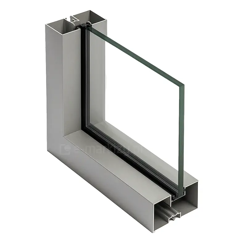 Zdjęcie prezentuje szczegółowy render techniczny narożnego fragmentu ramy systemu Fest, przeznaczonego do budowy stałych ścianek szklanych. Konstrukcja składa się z dwóch połączonych pod kątem prostym profili aluminiowych o komorowej budowie, pomalowanych na jasnoszary kolor o matowym wykończeniu. Wewnątrz ramy osadzona jest tafla bezbarwnego szkła, która jest stabilizowana i uszczelniana za pomocą czarnych uszczelek systemowych, biegnących wzdłuż krawędzi wypełnienia. Przekrój poprzeczny dolnego profilu ujawnia złożoną geometrię wewnętrzną z kanałami montażowymi i wypustkami, które zapewniają sztywność konstrukcji oraz umożliwiają precyzyjne osadzenie przeszklenia. Wizualizacja podkreśla nowoczesny, minimalistyczny design oraz techniczne dopasowanie elementów ramy do bezpiecznego montażu przeziernych paneli w zabudowach tarasowych.