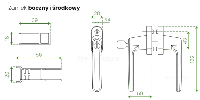 Grafika przedstawia rysunek techniczny z wymiarowaniem zamka bocznego i środkowego z klamką, dedykowanego do systemu drzwi przesuwnych Auris. Na schemacie widoczne są cztery rzuty elementów składowych z precyzyjnie naniesionymi wymiarami w milimetrach przy użyciu zielonych linii pomocniczych. W lewej górnej części znajduje się przekrój profilu o szerokości 39 mm i wysokości 16 mm, natomiast poniżej umieszczono przekrój drugiego profilu o szerokości 56 mm i wysokości 20 mm. Prawa strona grafiki prezentuje klamkę w dwóch rzutach: od frontu, gdzie szerokość szyldu wynosi 28 mm, oraz rzut boczny klamki dwustronnej z widocznym mechanizmem blokującym. Całkowita wysokość klamki wynosi 162 mm, jej głębokość od osi montażu to 59 mm, a rozstaw elementów mocujących szyldu wynosi 43 mm. Całość utrzymana jest w czarno-białej, technicznej stylistyce na białym tle, co zapewnia wysoką czytelność parametrów montażowych.