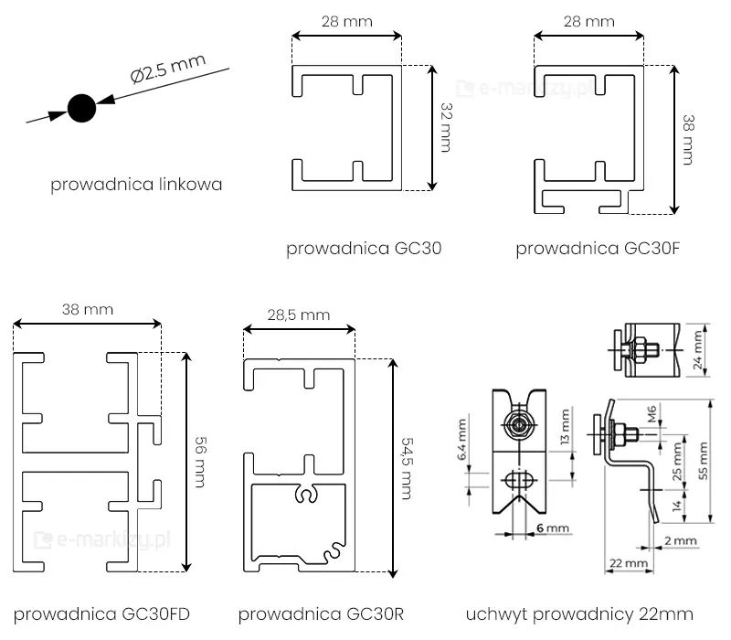 Rysunek techniczny przedstawia zestawienie przekrojów różnych typów prowadnic oraz uchwytu montażowego stosowanych w systemie Refleksol 120 Aluprof. W górnym rzędzie zaprezentowano schemat prowadnicy linkowej o średnicy 2,5 mm, prowadnicę profilową GC30 o wymiarach 28 mm na 32 mm oraz prowadnicę GC30F o wymiarach 28 mm na 38 mm. Dolny rząd zawiera przekroje prowadnic o bardziej złożonej strukturze: modułową GC30FD o wymiarach 38 mm na 56 mm oraz prowadnicę GC30R o szerokości 28,5 mm i wysokości 54,5 mm. W prawym dolnym rogu umieszczono szczegółowe rzuty uchwytu prowadnicy 22 mm, pokazujące jego konstrukcję z boku, z przodu oraz z góry, wraz z dokładnym wymiarowaniem elementów kotwiących, śrub M6 oraz całkowitą wysokością wynoszącą 55 mm. Całość dokumentacji jest wykonana w formie czarnych rysunków liniowych na białym tle, z precyzyjnymi liniami wymiarowymi podanymi w milimetrach.