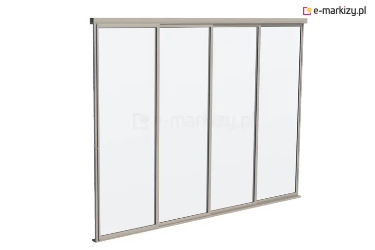 Wizualizacja produktowa przedstawiająca kompletną, czteropanelową przesuwną ścianę szklaną systemu Sotro w kolorze beżowym. Konstrukcja składa się z czterech wysokich, przeszklonych skrzydeł ujętych w smukłe ramy aluminiowe, które są zamontowane na wspólnej prowadnicy dolnej i stabilizowane przez prowadnicę górną. Całość tworzy jednolitą, transparentną przegrodę o nowoczesnym designie, w której poszczególne panele są ustawione kaskadowo, co umożliwia ich swobodne przesuwanie względem siebie. Zdjęcie prezentuje system w pełnej zabudowie, ukazując estetykę wykończenia profili oraz dużą powierzchnię przeszkleń, typową dla nowoczesnych zabudów tarasów lub wnętrz.