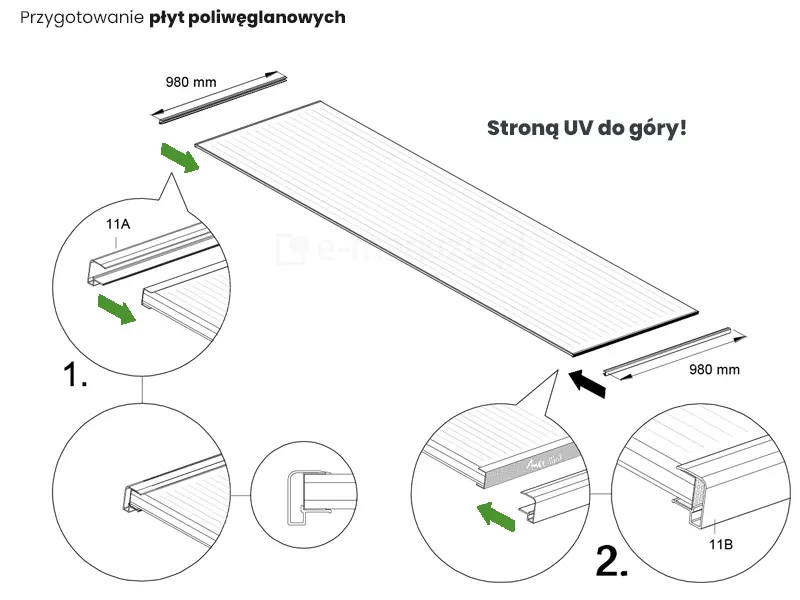 Rysunek techniczny o charakterze instruktażowym, przedstawiający proces przygotowania płyt poliwęglanowych do montażu w zadaszeniu tarasowym Nebbiolo marki Deponti. Głównym elementem grafiki jest wielkoformatowa płyta poliwęglanu komorowego o podłużnej strukturze, nad którą umieszczono wyraźne ostrzeżenie tekstowe „Stroną UV do góry!”, informujące o konieczności zachowania poprawnej orientacji arkusza względem promieni słonecznych. Schemat zawiera dwa kluczowe detale montażowe oznaczone cyframi 1 i 2, które ilustrują sposób zabezpieczania krótszych krawędzi płyty o szerokości 980 mm. Detal numer 1 pokazuje nakładanie profilu aluminiowego oznaczonego jako 11A na górną krawędź płyty, z zaznaczeniem kierunku wsuwania za pomocą zielonych strzałek oraz przekrojem poprzecznym profilu typu U. Detal numer 2 obrazuje zabezpieczanie dolnej krawędzi arkusza profilem 11B, również o szerokości 980 mm, ze szczególnym uwzględnieniem rzutu bocznego i widoku izometrycznego punktu styku. Całość instrukcji wykonana jest w formie czarnej linii na białym tle, co zapewnia wysoką czytelność kroków technicznych poprzedzających instalację pokrycia na konstrukcji zadaszenia.