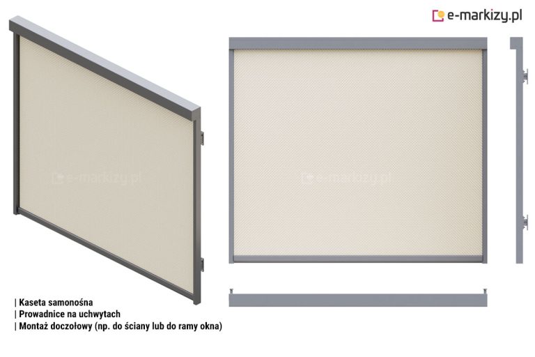 Wizualizacja refleksola Ziiip 95 Selt w wariancie z kasetą samonośną, tkaniną w kolorze jasnego beżu oraz prowadnicami montowanymi na uchwytach. Po lewej stronie widok perspektywiczny pokazujący pełną konstrukcję: górna kaseta prostokątna, prowadnice boczne osadzone bezpośrednio na uchwytach, montowanych punktowo do podłoża. Po prawej stronie – frontowy widok rolety oraz schematyczne rysunki z boku i od góry, przedstawiające dokładne proporcje oraz sposób mocowania prowadnic. U dołu obrazu, po lewej stronie, znajdują się napisy informacyjne: „Kaseta samonośna”, „Prowadnice na uchwytach”, „Montaż doczołowy (np. do ściany lub do ramy okna)”.