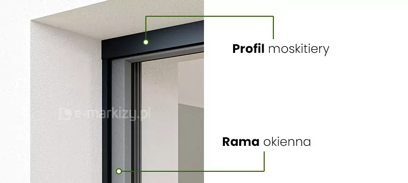 Zbliżenie na górny narożnik zewnętrznej wnęki okiennej, prezentujące sposób montażu moskitiery fit-zag na ramie okiennej. Zdjęcie ma charakter techniczny i informacyjny, pokazując precyzyjne dopasowanie elementów konstrukcyjnych. Widoczna jest biała, otynkowana elewacja budynku tworząca wnękę, w której osadzona jest stolarka okienna. Głównym elementem grafiki są linie pomocnicze z opisami w języku polskim, które wskazują konkretne detale techniczne produktu. Górna linia prowadzi do czarnego, poziomego profilu moskitiery, który jest przylegający do górnej części wnęki i oznaczony napisem Profil moskitiery. Poniżej znajduje się druga linia wskazująca na pionowy element stolarki, opisany jako Rama okienna. Profil moskitiery fit-zag w kolorze czarnym odcina się wyraźnie od jasnej elewacji i szarej ramy okna, pokazując minimalistyczny design i niskoprofilową konstrukcję, która nie zajmuje dużo miejsca w świetle przejścia. Całość kompozycji skupia się na pokazaniu estetycznego i funkcjonalnego połączenia systemu ochrony przed owadami z istniejącą konstrukcją okna.