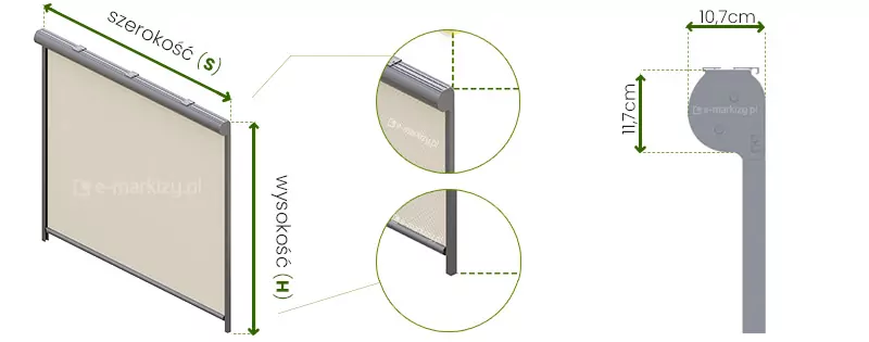 Grafika techniczna przedstawia parametry gabarytowe oraz szczegółowe wymiary kasety systemu refleksol 103 aluprof. Ilustracja jest podzielona na dwie części: wizualizację perspektywiczną produktu oraz schematyczny profil boczny. W lewej części znajduje się widok izometryczny rolety w kolorze antracytowym z kremową tkaniną. Naniesiono na niego zielone, dwustronne strzałki określające wymiary zewnętrzne: szerokość (s) mierzona wzdłuż górnej krawędzi kasety oraz wysokość (H) mierzona pionowo od góry kasety do dolnej krawędzi prowadnic. Dwa okrągłe powiększenia detali wskazują punkty styku tkaniny z kasetą oraz zakończenie prowadnicy bocznej oraz przybliżenie miejsc pomiaru. Prawa część grafiki przedstawia precyzyjny przekrój poprzeczny (profil) kasety. Zaznaczono na nim kluczowe wymiary techniczne: całkowita wysokość obudowy wynosi 11,7 cm, natomiast jej głębokość to 10,7 cm. Kaseta posiada charakterystyczny, zaokrąglony kształt frontu, który płynnie przechodzi w pionową linię prowadnicy. Całość dokumentacji utrzymana jest w minimalistycznej stylistyce na białym tle, z wykorzystaniem czytelnych, zielonych linii wymiarowych i opisów tekstowych.