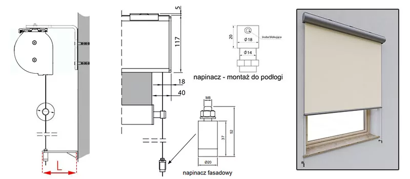 Grafika przedstawia szczegółową dokumentację techniczną i montażową systemu refleksol 103 selt w wariancie z prowadzeniem linkowym. Całość składa się z rysunków wymiarowych oraz wizualizacji produktowej. Po lewej stronie znajduje się schematyczny rzut boczny, ukazujący kasetę o obłym kształcie zamontowaną do ściany za pomocą górnego uchwytu dystansowego w kształcie litery L. Z dolnej części kasety wyprowadzona jest stalowa linka, która przechodzi przez oczko stabilizujące w listwie dolnej i kończy się dolnym uchwytem montażowym. Odległość od ściany do osi linki została oznaczona czerwoną literą L ze strzałkami. Środkowa część rysunku zawiera rzut od przodu oraz detale napinaczy. Wysokość kasety określona jest na 117 mm, a szerokość elementu mocującego linkę u dołu kasety to 18 mm. Odległość od krawędzi tkaniny do osi linki wynosi 40 mm. Poniżej znajdują się dwa precyzyjne rysunki techniczne napinaczy: Napinacz – montaż do podłogi: element o średnicy 18 mm z widoczną śrubą blokującą i gwintem. Napinacz fasadowy: cylindryczny element o średnicy 20 mm i całkowitej wysokości 52 mm, z nakrętką kontrującą M8 na szczycie. W prawym panelu umieszczono wizualizację rolety zamontowanej we wnęce okiennej. Antracytowa kaseta kontrastuje z jasną, kremową tkaniną, a po bokach widoczne są subtelne stalowe linki prowadzące, które zapewniają stabilność materiału przy oknie. Całość prezentuje profesjonalny schemat instalacyjny przeznaczony do montażu prowadnic linkowych do fasadowy lub podłogi.