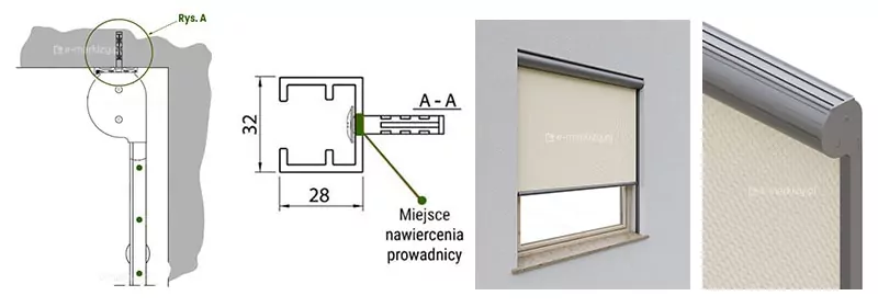 Grafika techniczna przedstawia dokumentację montażową systemu refleksol 103 selt, skupiając się na wariancie instalacji sufitowej we wnęce oraz szczegółowych parametrach nawierceń. Dokumentacja łączy rzuty liniowe, przekroje wymiarowe oraz wizualizacje gotowego produktu. W lewej części znajduje się schematyczny rzut boczny kasety o wysokości 117 mm, zamocowanej pionowo do stropu wnęki. Górny punkt montażowy został wyróżniony zielonym okręgiem i opisany jako Rys. A, co odsyła do detalu technicznego kotwienia. Poniżej kasety przebiega pionowa prowadnica, w której zaznaczono zielonymi punktami sugerowane rozmieszczenie wkrętów montażowych. Centralny element grafiki to precyzyjny przekrój poprzeczny prowadnicy GC30 o wymiarach 28 mm szerokości oraz 32 mm wysokości. Zielona linia wskazuje miejsce nawiercenia prowadnicy na jej tylnej ściance, przez którą przechodzi śruba montażowa z kołkiem rozporowym w głąb podłoża (oznaczenie przekroju A-A). Prawa strona grafiki zawiera dwie wizualizacje: Szerszy kadr pokazuje kompletną roletę w kolorze antracytowym z jasną tkaniną, idealnie wkomponowaną we wnękę okienną. Zbliżenie po prawej stronie prezentuje detal estetycznego wykończenia zaokrąglonej kasety oraz fakturę materiału osłony. Całość dokumentacji, utrzymana w profesjonalnej stylistyce z wyraźnymi zielonymi akcentami informacyjnymi, służy jako precyzyjna instrukcja montażu sufitowego dla wykonawców.