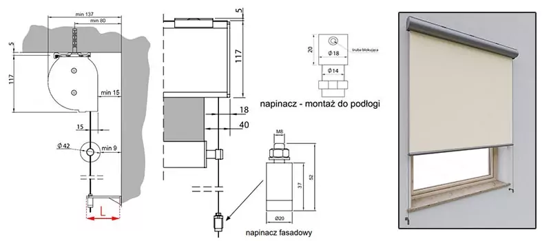 Rysunek techniczny systemu refleksol 103 selt przedstawia szczegółową dokumentację montażową wariantu z prowadzeniem linkowym przeznaczonego do instalacji sufitowej we wnęce. Lewa sekcja obrazuje przekrój boczny kasety o wysokości 117 mm zamocowanej pionowo do stropu, gdzie wymagana głębokość wnęki wynosi minimum 137 mm, a oś wiercenia oddalona jest o co najmniej 80 mm od krawędzi. Stalowa linka prowadząca, której dystans od ściany oznaczono czerwoną literą L, stabilizuje dolną listwę o średnicy 42 mm i jest zakotwiczona w podłożu. Środkowy schemat podaje wymiary frontowe, wskazując 40 mm odległości linki od tkaniny oraz 5 mm prześwitu pod kasetą, uzupełniając to detalami dwóch typów napinaczy o średnicach 18 mm i 20 mm. Prawy panel zawiera wizualizację gotowej rolety w kolorze antracytowym z jasnym materiałem, prezentując estetykę systemu wnękowego. Całość dokumentacji łączy precyzyjne rzuty liniowe z fotorealistycznym podglądem produktu.
