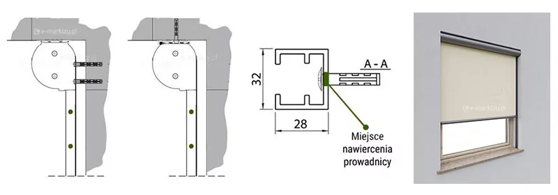 Grafika techniczna przedstawia dokumentację montażową systemu refleksol 103 selt w dwóch wariantach instalacji wnękowej oraz szczegółowy schemat nawiercenia prowadnicy. Dokumentacja składa się z rysunków przekrojowych, wymiarowania oraz wizualizacji produktowej. Po lewej stronie widoczne są dwa rzuty boczne montażu kasety we wnęce okiennej. Pierwszy schemat prezentuje montaż ścienny, gdzie uchwyt jest przytwierdzony poziomo do pionowej płaszczyzny wnęki, natomiast drugi schemat obrazuje montaż sufitowy z pionowym zakotwiczeniem w stropie wnęki. W obu przypadkach zaokrąglona kaseta łączy się z pionową prowadnicą, a listwa dolna o średnicy 42 mm stabilizuje materiał. Na profilach prowadnic kropkami zaznaczono sugerowane punkty montażowe. W centralnej części znajduje się precyzyjny przekrój poprzeczny prowadnicy GC30 o wymiarach 28 mm szerokości oraz 32 mm wysokości. Zielonym kolorem oznaczono miejsce nawiercenia prowadnicy na jej tylnej ściance, przez którą przechodzi śruba montażowa z kołkiem rozporowym wchodzącym w strukturę ściany (oznaczenie przekroju A-A). Prawy panel zawiera wizualizację rolety w kolorze antracytowym z jasną tkaniną, idealnie dopasowanej do wymiarów wnęki okiennej. Całość dokumentacji wykonana jest w formie czytelnych czarnych linii konturowych z szarymi wypełnieniami elementów architektonicznych.