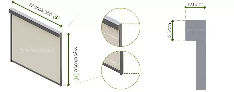 Grafika techniczna przedstawia parametry wymiarowe rolety Refleksol 120 Aluprof, łącząc wizualizację 3D z precyzyjnymi detalami konstrukcyjnymi. Po lewej stronie widoczny jest model rolety z naniesionymi zielonymi strzałkami, które definiują szerokość całkowitą (s) mierzoną wzdłuż kasety oraz wysokość całkowitą (H) mierzoną od góry kasety do dołu prowadnic. Środkowa część grafiki zawiera dwa koliste powiększenia wskazujące punkty styku linii wymiarowych z krawędziami obudowy i prowadnicy. Po prawej stronie umieszczono rzut boczny kasety z podanymi dokładnymi wymiarami zewnętrznymi: wysokość profilu wynosi 12,6 cm, natomiast jego głębokość całkowita to 14,3 cm. Schemat jest wykonany w przejrzystym stylu z wykorzystaniem szarości i zielonych akcentów, co ułatwia identyfikację kluczowych wartości potrzebnych do prawidłowego dopasowania produktu.