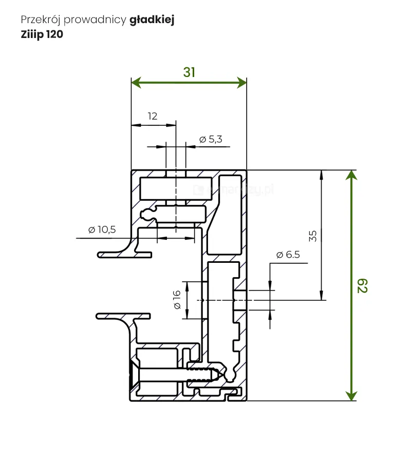 Rysunek techniczny przedstawia precyzyjny przekrój poprzeczny prowadnicy gładkiej stosowanej w systemie rolet tkaninowych Refleksol Ziiip 120. Schemat konstrukcyjny profilu aluminiowego zawiera szczegółowe wymiarowanie podane w milimetrach, opisujące geometrię zewnętrzną oraz wewnętrzne kanały technologiczne. Całkowita wysokość profilu mierzona pionowo wynosi 62 mm, natomiast jego szerokość całkowita to 31 mm. W górnej części profilu zaznaczono odległość 12 mm od krawędzi do osi otworu montażowego o średnicy 5,3 mm, pod którym znajduje się szersza komora o średnicy 10,5 mm. W centralnej części przekroju widoczny jest kanał o szerokości 16 mm, natomiast na ściance bocznej umiejscowiono otwór przelotowy o średnicy 6,5 mm, znajdujący się w odległości 35 mm od górnej krawędzi prowadnicy. Dolna część schematu obrazuje sposób montażu za pomocą wkręta osadzonego w dedykowanym gnieździe konstrukcyjnym. Wewnętrzna struktura profilu charakteryzuje się licznymi przegrodami wzmacniającymi oraz specjalnie wyprofilowanymi krawędziami zewnętrznymi, które zapewniają gładką powierzchnię estetyczną bez widocznych elementów mocujących od frontu. Wszystkie linie wymiarowe oraz opisy wykonano w kolorze czarnym i zielonym na białym tle, co zapewnia wysoką czytelność dokumentacji technicznej.