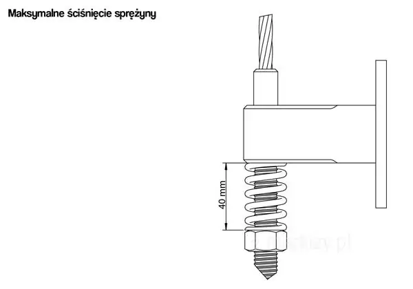 Rysunek techniczny w formie schematu liniowego przedstawia detal dolnego mocowania systemu osłonowego refleksol 125, ilustrujący parametr określony jako maksymalne ściśnięcie sprężyny. Na grafice widoczny jest boczny przekrój stalowego uchwytu montażowego o prostopadłościennym kształcie, który jest przytwierdzony do pionowej powierzchni za pomocą płaskiej stopy montażowej. Przez otwór w uchwycie przechodzi pionowy trzpień zakończony u góry stalową linką prowadzącą o wyraźnym splocie. W dolnej części trzpienia, pod korpusem uchwytu, umieszczona jest stalowa sprężyna śrubowa, która jest dociskana od dołu przez nakrętkę regulacyjną o sześciokątnym przekroju. Trzpień kończy się gwintowanym stożkiem. Na schemacie naniesiono wymiar pionowy wskazujący, że wysokość całkowicie ściśniętej sprężyny wynosi 40 mm. Ilustracja jest wykonana w czarno-białej stylistyce konturowej na czystym, białym tle, co zapewnia wysoką czytelność detalu mechanicznego odpowiedzialnego za prawidłowe napięcie prowadnic linkowych w osłonie refleksol 125 Selt.