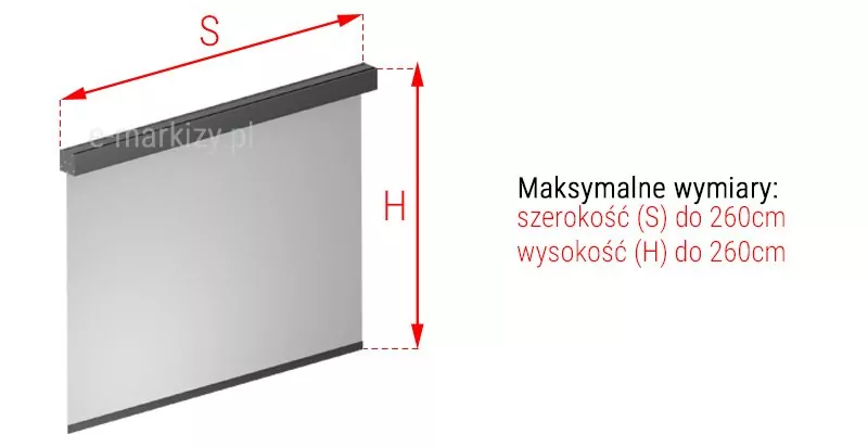 Refleksol 85 A pomiar szerokości i wysokości ukazany po lewej na obrazie refleksola. Od brzegów kasety poprowadzone w górę linie przerywane, między którymi zawarto strzałkę dwukierunkową w kolorze czerwonym, a nad nią umieszczono symbol S. Po prawej stronie refleksola od skraju kasety i od końca belki dolnej z tkaniną poprowadzono w bok przerywane linie, między którymi zawarta jest dwukierunkowa strzała w kolorze czerwonym z umieszczonym obok niej napisem "wysokość (H)". Po prawej stronie umieszczony w trzech wersach napis: "Maksymalne wymiary: szerokość (S) do 260cm wysokość (H) do 260cm".