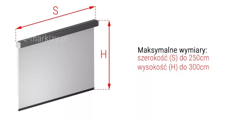Refleksol 85 napęd łańcuszkowy pomiar szerokości i wysokości ukazany po lewej na obrazie refleksola. Od brzegów kasety poprowadzone w górę linie przerywane, między którymi zawarto strzałkę dwukierunkową w kolorze czerwonym, a nad nią umieszczono symbol S. Po prawej stronie refleksola od skraju kasety i od końca belki dolnej z tkaniną poprowadzono w bok przerywane linie, między którymi zawarta jest dwukierunkowa strzała w kolorze czerwonym z umieszczonym obok niej napisem "wysokość (H)". Po prawej stronie umieszczony w trzech wersach napis: "Maksymalne wymiary: szerokość (S) do 250cm wysokość (H) do 300cm".