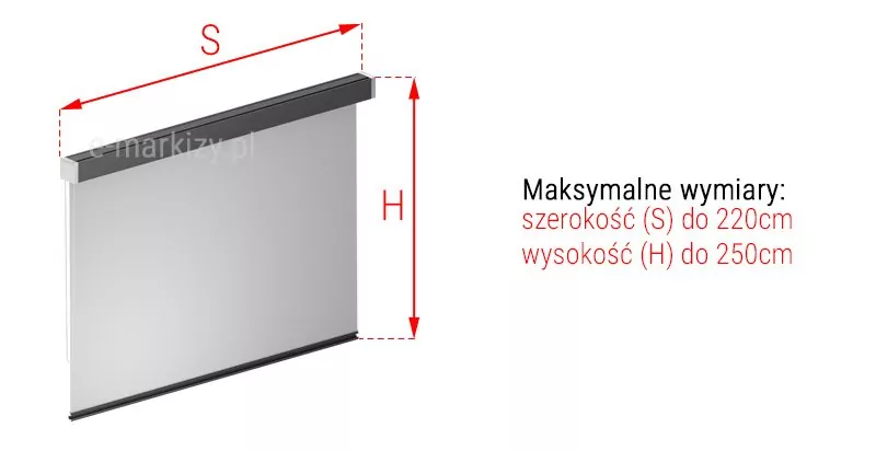 Refleksol 85 pomiar szerokości i wysokości ukazany po lewej na obrazie refleksola. Od brzegów kasety poprowadzone w górę linie przerywane, między którymi zawarto strzałkę dwukierunkową w kolorze czerwonym, a nad nią umieszczono symbol S. Po prawej stronie refleksola od skraju kasety i od końca belki dolnej z tkaniną poprowadzono w bok przerywane linie, między którymi zawarta jest dwukierunkowa strzała w kolorze czerwonym z umieszczonym obok niej napisem "wysokość (H)". Po prawej stronie umieszczony w trzech wersach napis: "Maksymalne wymiary: szerokość (S) do 220cm wysokość (H) do 250cm".