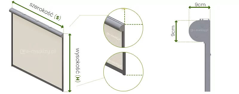 Schemat techniczny przedstawiający wymiarowanie i budowę zewnętrznej rolety typu refleksol 90 Aluprof na białym tle. Grafika składa się z trzech głównych części obrazujących produkt z różnych perspektyw. Po lewej stronie znajduje się wizualizacja 3D rozwiniętej rolety o pionowej orientacji z widoczną górną kasetą o zaokrąglonym kształcie oraz bocznymi prowadnicami utrzymującymi tkaninę. Nad kasetą umieszczono zieloną strzałkę dwustronną z podpisem szerokość (s), natomiast wzdłuż bocznej krawędzi znajduje się pionowa zielona strzałka z opisem wysokość (H). Środkowa część grafiki zawiera dwa powiększone detale w okręgach, które pokazują górne i dolne wykończenie systemu oraz precyzują miejsca pomiaru. Po prawej stronie widnieje przekrój boczny kasety refleksola, który precyzyjnie określa jej gabaryty. Kaseta ma kształt kwadratu z zaokrąglonym frontem, a jej wymiary to 9 cm wysokości oraz 9 cm głębokości, co zaznaczono za pomocą zielonych strzałek pomocniczych i wartości liczbowych. Całość ilustracji utrzymana jest w stonowanej kolorystyce szarości i beżu z wyraźnymi zielonymi elementami graficznymi służącymi do przekazania danych technicznych niezbędnych do prawidłowego pomiaru osłony przeciwsłonecznej.