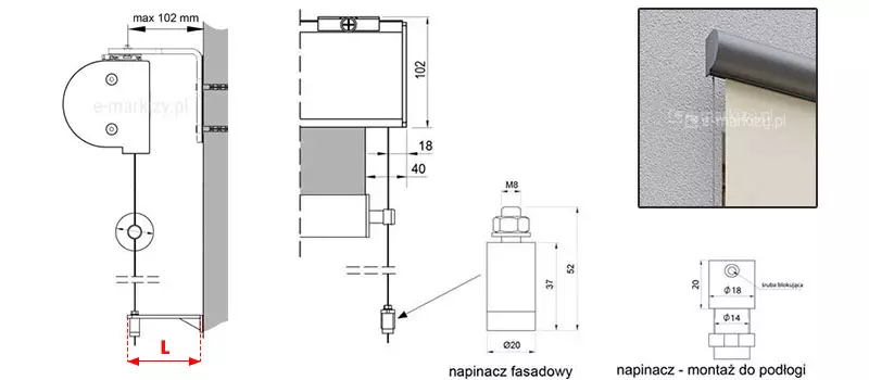 Rysunek techniczny przedstawia schemat montażu oraz specyfikację komponentów systemu osłonowego refleksol 90 Selt w wariancie z prowadzeniem linkowym montowanym fasadowo na wspornikach dystansowych. Główny przekrój boczny po lewej stronie obrazuje zaokrągloną kasetę przymocowaną do ściany za pomocą górnego uchwytu o maksymalnym wysięgu 102 milimetry. Z dolnej części kasety wyprowadzona jest pionowa linka stalowa. Linka ta biegnie równolegle do elewacji i jest zakotwiona w dolnej części za pomocą kątowego wspornika dystansowego o długości oznaczonej symbolem L. Środkowy widok od frontu wskazuje wysokość kasety wynoszącą 102 milimetry oraz precyzyjne rozmieszczenie elementów prowadzących: osiowa odległość linki od bocznej krawędzi systemu to 18 milimetrów, natomiast krawędź tkaniny jest oddalona o 40 milimetrów. W dolnej sekcji grafiki znajdują się szczegółowe rysunki dwóch typów napinaczy: napinacz fasadowy o średnicy 20 milimetrów i wysokości korpusu 37 milimetrów (całkowita wysokość z nakrętką M8 wynosi 52 milimetry) oraz napinacz przeznaczony do montażu do podłogi o stopniowanej średnicy 18 i 14 milimetrów, wyposażony w śrubę blokującą. Całość dokumentacji uzupełnia zdjęcie produktowe w prawym górnym rogu, ukazujące antracytową kasetę refleksol 90 Selt zamontowaną na szarej, tynkowanej ścianie, z widoczną stalową linką stabilizującą jasne poszycie.