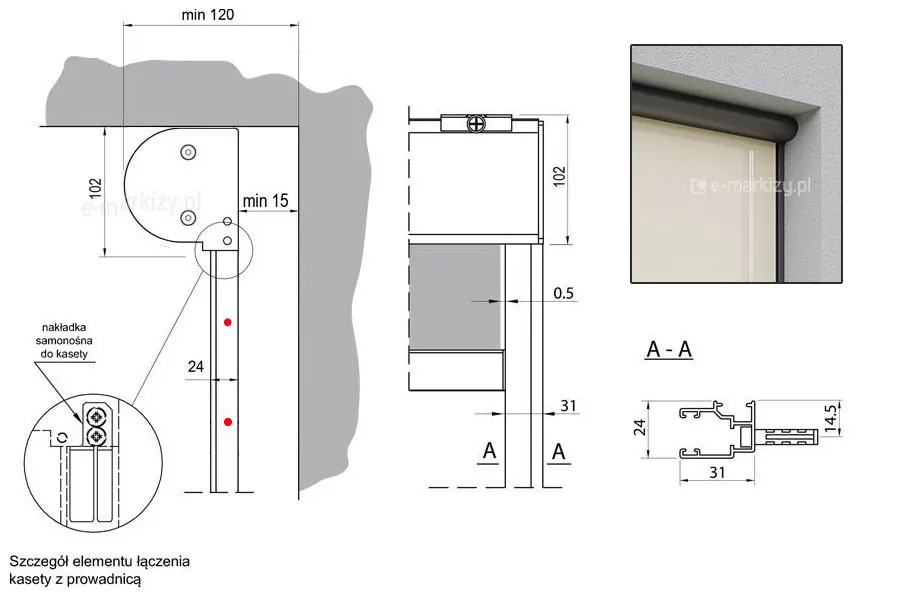 Rysunek techniczny systemu refleksol 90 Selt przedstawiający specyfikację montażową, przekroje elementów oraz wizualizację rolety typu screen. Dokumentacja graficzna jest podzielona na kilka sekcji zawierających precyzyjne wymiarowanie w milimetrach. W lewej górnej części znajduje się przekrój boczny montażu kasety we wnęce o minimalnej głębokości 120 mm. Kaseta o wysokości 102 mm jest zamontowana pod nadprożem, zachowując minimalny dystans 15 mm od tylnej ściany. Poniżej kasety widoczna jest pionowa prowadnica o głębokości 24 mm, na której zaznaczono czerwonymi kropkami sugerowane punkty montażowe. W dolnym lewym rogu umieszczono powiększony „Szczegół elementu łączenia kasety z prowadnicą”, prezentujący nakładkę samonośną mocowaną na dwie śruby. Środkowa sekcja rysunku przedstawia widok od frontu górnego narożnika rolety. Wysokość kasety wynosi 102 mm. Zaznaczono minimalny luz między tkaniną a wewnętrzną krawędzią prowadnicy wynoszący 0,5 mm, przy całkowitej szerokości widocznego profilu bocznego 31 mm. W prawym dolnym rogu zaprezentowano przekrój poprzeczny prowadnicy oznaczony jako A-A. Profil ma 31 mm szerokości oraz 24 mm głębokości. Schemat pokazuje sposób osadzenia elementu montażowego (kołka) o szerokości 14,5 mm wewnątrz komory profilu. Prawy górny róg grafiki zawiera realistyczną wizualizację narożnika zamontowanego systemu refleksol 90 Selt. Ukazuje ona ciemną, zaokrągloną kasetę, pionową prowadnicę oraz jasną tkaninę screenową, która częściowo przepuszcza światło, na tle jasnoszarej elewacji budynku.