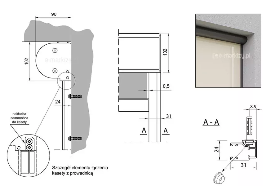 Rysunek techniczny systemu refleksol 90 Selt przedstawiający detale konstrukcyjne, parametry montażowe oraz wizualizację rolety typu screen. Grafika jest podzielona na kilka sekcji technicznych z precyzyjnymi wymiarami podanymi w milimetrach. W lewej górnej części znajduje się przekrój boczny montażu kasety we wnęce okiennej. Kaseta o wysokości 102 mm jest wsunięta w głąb wnęki na dystans 90 mm. Poniżej widoczna jest pionowa prowadnica o głębokości 24 mm, montowana bezpośrednio do ściany za pomocą kołków rozporowych. Przy dolnej krawędzi kasety zaznaczono w kółku „Szczegół elementu łączenia kasety z prowadnicą”, gdzie wskazano nakładkę samonośną do kasety mocowaną na dwie śruby. Środkowa sekcja pokazuje widok frontowy prawego górnego narożnika systemu. Wysokość kasety wynosi 102 mm. Zaznaczono minimalny luz między krawędzią tkaniny a wewnętrzną ścianką prowadnicy wynoszący 0,5 mm, natomiast całkowita szerokość widocznego profilu bocznego to 31 mm. W dolnej prawej części umieszczono przekrój poprzeczny prowadnicy oznaczony jako A-A. Profil ma wymiary 31 mm szerokości oraz 24 mm głębokości. Schemat pokazuje sposób montażu kołka rozporowego o szerokości 8,5 mm oraz zaślepkę otworu montażowego wskazaną strzałką u dołu. Prawy górny róg zawiera realistyczną wizualizację produktu, prezentującą narożnik zamontowanego systemu refleksol 90 Selt. Widoczna jest ciemna, półokrągła kaseta, pionowa prowadnica oraz beżowa tkanina screenowa, całość osadzona w jasnej wnęce okiennej.