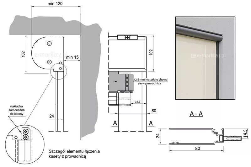 Rysunek techniczny systemu refleksol 90 Selt przedstawiający schematy montażowe, detale konstrukcyjne prowadnic oraz wizualizację produktu. Grafika składa się z kilku sekcji opisujących parametry techniczne rolety screenowej. W lewym górnym rogu znajduje się przekrój boczny montażu kasety we wnęce o minimalnej głębokości 120 mm, gdzie wysokość kasety wynosi 102 mm, a dystans od ściany to minimum 15 mm. Poniżej umieszczono detal zatytułowany „Szczegół elementu łączenia kasety z prowadnicą” z zaznaczoną nakładką samonośną do kasety. Środkowa część schematu ukazuje widok od frontu z informacją, że 42,5 mm materiału chowa się w prowadnicy, przy zachowaniu odległości 32,5 mm od osi oraz całkowitej szerokości profilu bocznego prowadnicy wynoszącej 80 mm. W dolnej części po prawej stronie widoczny jest przekrój poprzeczny prowadnicy oznaczony jako A-A, o szerokości 80 mm, głębokości 24 mm oraz dodatkowym elemencie montażowym o szerokości 14,5 mm. W prawym górnym rogu znajduje się prostokątna wizualizacja prezentująca fragment zamontowanej rolety refleksol 90 Selt z jasną tkaniną i ciemną kasetą oraz prowadnicą boczną na tle szarej elewacji. Wszystkie schematy zawierają precyzyjne linie wymiarowe i oznaczenia techniczne w kolorze czarnym na białym tle.