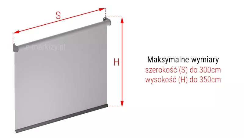 Refleksol XL MA pomiar szerokości i wysokości przedstawiony na obrazie w pełni rozwiniętego refleksola z jasnoszarą tkaniną i grafitową konstrukcją na białym tle. Od skrajów zewnętrznych powierzchni uchwytów ściennych poprowadzono w górę przerywane linie, pomiędzy którymi zamieszczona została czerwona dwukierunkowa strzałka, a nad nią symbol "S". Po prawej stronie, od skraju górnej powierzchni uchwytu ściennego oraz od skraju belki dolnej, poprowadzono przerywane linie, pomiędzy którymi zamieszczona została czerwona dwukierunkowa strzałka, a przy niej, z lewej strony symbol "H". Obok obrazu napisy "Maksymalne wymiary szerokość (S) do 300cm wysokość (H) do 350cm".