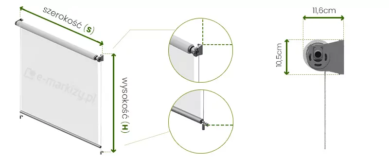 Grafika techniczna przedstawiająca instrukcję wymiarowania rolety wolnowiszącej Refleksol XXL. Po lewej stronie znajduje się wizualizacja aksonometryczna całej rolety w kolorze szarym z jasnym poszyciem, na którą naniesiono zielone strzałki pomocnicze określające parametry zamówieniowe: szerokość (s) mierzoną między zewnętrznymi krawędziami uchwytów montażowych oraz wysokość (H) mierzoną od górnej krawędzi uchwytu do dolnej krawędzi belki obciążającej. Dwa detale w zielonych okręgach pokazują zbliżenie na górny punkt mocowania tkaniny do rury nawojowej oraz dolny punkt zakończenia prowadzenia linkowego. Po prawej stronie umieszczono rysunek profilu bocznego rolety zamontowanej do ściany, na którym wskazano gabaryty mechanizmu wraz ze wspornikiem: wysokość wynosi 10,5 cm, a całkowita głębokość wysunięcia od ściany to 11,6 cm. Całość zaprezentowana jest w formie czytelnego schematu montażowego na białym tle.