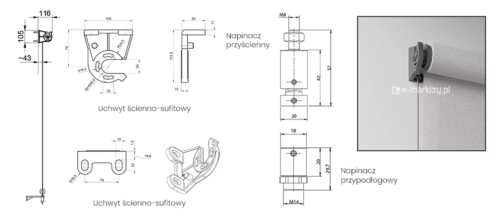 Rysunek techniczny oraz zdjęcie produktowe prezentujące detale konstrukcyjne systemu rolety zewnętrznej typu refleksol ze wskazaniem na uchwyty montażowe i mechanizmy napinające prowadnicę linkową. Grafika podzielona jest na kilka sekcji zawierających precyzyjne schematy wymiarowe oraz wizualizację rzeczywistego montażu. Po lewej stronie widoczny jest pionowy przekrój boczny całej instalacji, wskazujący na całkowitą szerokość montażową wynoszącą 116 mm oraz odległość prowadnicy linkowej od ściany oscylującą wokół 43 mm. W centralnej części umieszczono szczegółowe rzuty uchwytu ścienno-sufitowego o wysokości 105 mm i szerokości 79 mm, z zaznaczonymi otworami montażowymi o średnicy 6,4 mm oraz promieniem wycięcia pod rurę nawojową o wartościach R34,5 i średnicy gniazda 48,6 mm. Poniżej znajduje się izometryczny oraz czołowy widok stopy montażowej uchwytu o szerokości 74 mm z zaokrąglonymi krawędziami. Prawa strona grafiki dedykowana jest komponentom napinającym, przedstawiając schemat napinacza przyściennego z gwintem M8 o całkowitej wysokości 57 mm oraz mniejszego napinacza przypodłogowego z gwintem M14 o wysokości 29,7 mm. W prawym górnym rogu zamieszczono fotografię zbliżeniową zamontowanego systemu, na której widać szary profil uchwytu trzymający białą rurę z nawiniętą jasną tkaniną, przez którą przechodzi pionowa stalowa linka stabilizująca. Całość dokumentacji utrzymana jest w profesjonalnej estetyce technicznej z czarnymi liniami pomocniczymi i czytelnym opisem parametrów na białym tle.