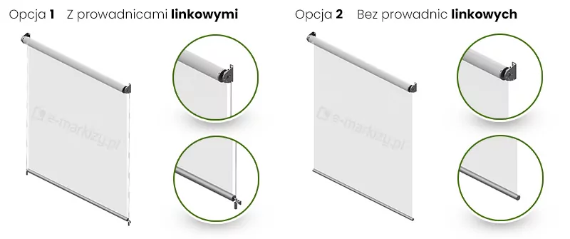 Grafika przedstawia porównanie dwóch wariantów konfiguracji systemu rolety zewnętrznej Refleksol XL Aluprof, podzielone na sekcje Opcja 1 oraz Opcja 2. Po lewej stronie, pod nagłówkiem Opcja 1 Z prowadnicami linkowymi, widoczna jest wizualizacja rolety wyposażonej w system stabilizacji bocznej. Dwa zielone okręgi po prawej stronie tego wariantu prezentują zbliżenia na kluczowe detale: górne mocowanie linki stalowej do wspornika oraz dolny napinacz linki przytwierdzony do podłoża, przez który przechodzi pionowa linka prowadząca. Po prawej stronie grafiki, pod nagłówkiem Opcja 2 Bez prowadnic linkowych, zaprezentowano alternatywną wersję rolety o swobodnie wiszącej tkaninie. Zbliżenia w zielonych okręgach dla tej opcji pokazują standardowy wspornik górny bez dodatkowych uchwytów linkowych oraz belkę dolną o gładkim zakończeniu, która nie posiada bocznych oczek ani systemów naciągowych. Całość zestawienia pozwala na szybkie rozróżnienie budowy zakończeń rury nawojowej i belki dolnej w zależności od wybranego sposobu prowadzenia materiału.