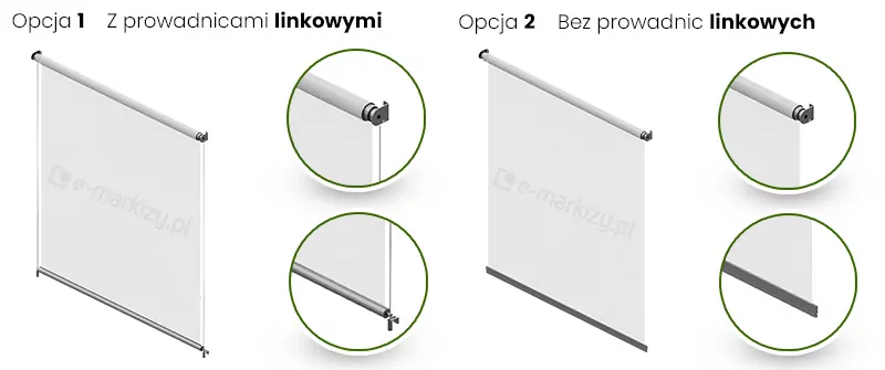 Grafika porównawcza prezentująca dwie wersje systemowe rolety Refleksol XS Aluprof: Opcję 1 z prowadnicami linkowymi oraz Opcję 2 bez prowadnic linkowych. Każdy wariant przedstawiony jest za pomocą modelu 3D rolety z jasną tkaniną oraz dwóch powiększeń detali umieszczonych w zielonych okręgach. W Opcji 1 powiększenia obrazują górne mocowanie rury nawojowej z wyprowadzoną linką stalową oraz dolne zakotwiczenie linki przy belce obciążającej za pomocą napinacza. W Opcji 2 powiększenia pokazują analogiczne elementy — górny uchwyt oraz zakończenie belki dolnej — jednak bez systemu pionowych linek, co wskazuje na wariant wolnowiszący. Wizualizacja w przejrzysty sposób zestawia różnice konstrukcyjne między systemem stabilizowanym a swobodnym, ułatwiając wybór odpowiedniego rodzaju prowadzenia tkaniny.