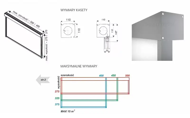Szczegółowa specyfikacja techniczna refleksola Zip Tarasola przedstawiająca wymiary kasety, schematy montażowe oraz maksymalne gabaryty konstrukcji. W lewej górnej części znajduje się rysunek izometryczny markizy z zaznaczonymi maksymalnymi wymiarami szerokości wynoszącymi 500 lub 400 centymetrów oraz wysokości wynoszącymi 275 lub 375 centymetrów. Obok umieszczono nagłówek wymiary kasety oraz dwa techniczne rzuty przekroju kasety o wymiarach 110 na 110 milimetrów, pokazujące wewnętrzny wałek nawojowy oraz wariant z dodatkowym elementem obniżającym o wysokości 148 milimetrów i szerokości 50 milimetrów. W prawym górnym rogu zaprezentowano rzeczywisty, zbliżony widok narożnika szarej kasety z widocznymi śrubami mocującymi. W dolnej części grafiki znajduje się wykres maksymalnych wymiarów oznaczony nagłówkiem maksymalne wymiary, na którym za pomocą kolorowych linii liniowych i współrzędnych szerokości od 400 do 500 centymetrów oraz wysokości od 275 do 375 centymetrów zdefiniowano maksymalną dopuszczalną powierzchnię konstrukcji wynoszącą 15 metrów kwadratowych. Po lewej stronie wykresu widoczna jest szara strzałka informacyjna z napisem str. 2.