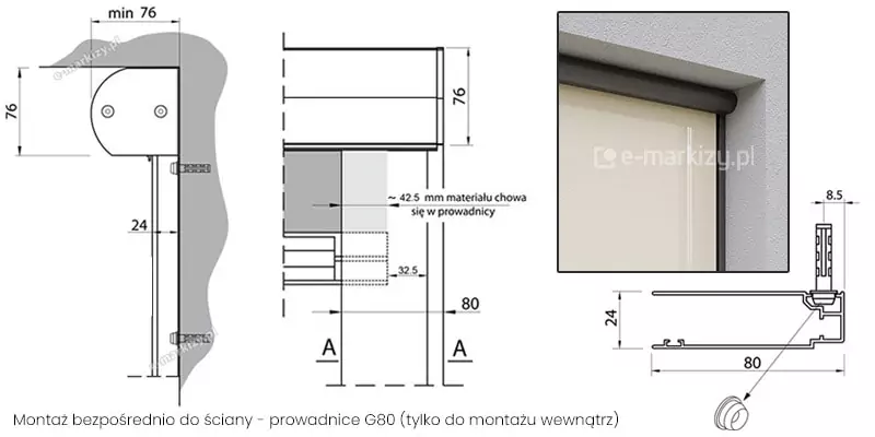Schemat montażu rolety Refleksol 76 Aluprof z prowadnicami G80 mocowanymi do ściany. Prowadnice G80 przeznaczone są wyłącznie do zastosowań wewnętrznych. Obraz pokazuje techniczne rozmieszczenie kasety i elementów montażowych w instalacji wewnątrz pomieszczenia.