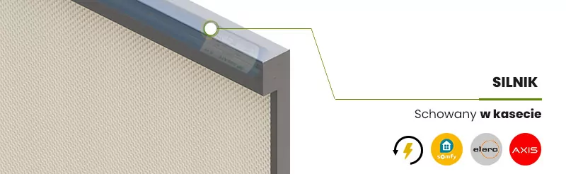 Grafika techniczna ilustruje montaż silnika elektrycznego w kasetowej rolecie refleksol Ziiip 120 z kwadratową kasetą. Wizualizacja przekroju górnej części rolety wskazuje na ukrycie jednostki napędowej wewnątrz aluminiowej kasety, co wpływa na estetykę i trwałość mechanizmu. Obok zamieszczono symbole informujące o zasilaniu elektrycznym oraz współpracujących markach silników: Somfy, Elero oraz Axis, podkreślając kompatybilność systemu z nowoczesnymi rozwiązaniami automatyki.