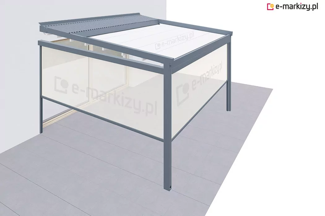 Pergola jednomodułowa, z dachem materiałowym, wyposażona w roletę frontową oraz jedną roletę boczną z lewej strony. Refleksole zamontowane w kasetach zintegrowanych z konstrukcją, zapewniają skuteczną osłonę przed słońcem i wiatrem. Nowoczesna pergola tarasowa o lekkiej, aluminiowej konstrukcji, idealna do aranżacji przestrzeni zewnętrznej.