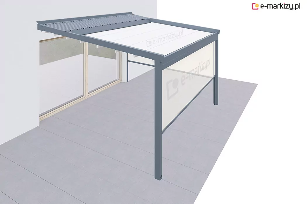 Pergola jednomodułowa, z dachem materiałowym, wyposażona w roletę frontową oraz jedną roletę boczną z prawej strony. Refleksole zamontowane w kasetach zintegrowanych z konstrukcją, zapewniają skuteczną osłonę przed słońcem i wiatrem. Nowoczesna pergola tarasowa o lekkiej, aluminiowej konstrukcji, idealna do aranżacji przestrzeni zewnętrznej.