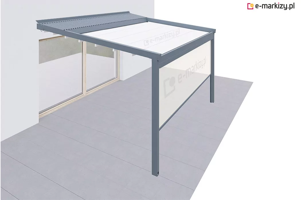 Pergola jednomodułowa, z dachem materiałowym, wyposażona w roletę frontową. Refleksol w kasecie zintegrowanej z konstrukcją, zapewnia skuteczną osłonę przed słońcem i wiatrem. Nowoczesna pergola tarasowa o lekkiej, aluminiowej konstrukcji, idealna do aranżacji przestrzeni zewnętrznej.