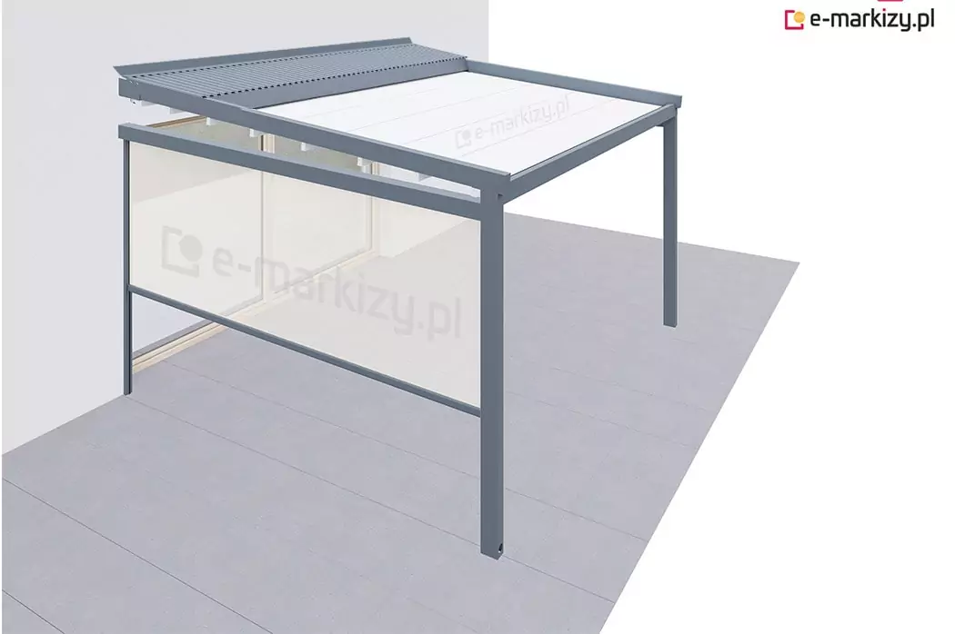 Pergola tarasowa jednomodułowa wyposażona w boczną roletę refleksol – po lewej stronie. Roleta typu Ziiip w nowoczesnej kasecie o przekroju kwadratowym, a prowadnice zostały przykręcone bezpośrednio do konstrukcji aluminiowej. Rozwiązanie to zapewnia skuteczną ochronę przed słońcem i wiatrem, zwiększając komfort użytkowania przestrzeni zadaszonej. Idealna opcja do aranżacji nowoczesnych tarasów przydomowych i komercyjnych.