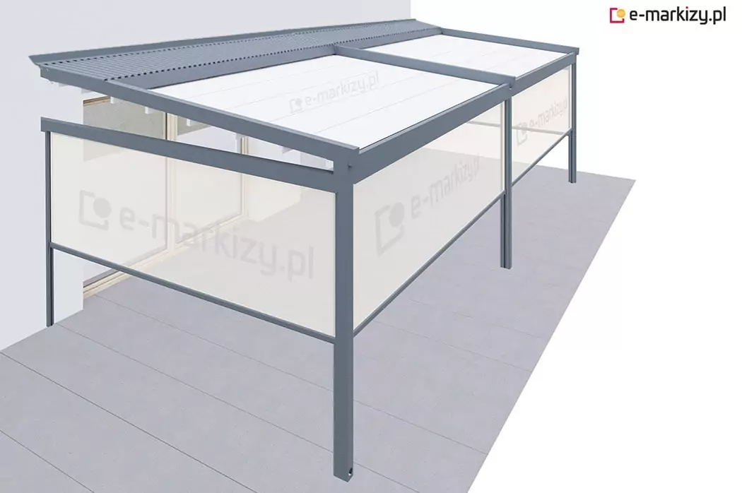 Pergola dwumodułowa z dachem materiałowym i kompletem czterech rolet typu Refleksol – po jednej z lewej i prawej strony oraz dwie rolety frontowe. Wszystkie refleksole zamontowane w eleganckich, zintegrowanych kasetach, zapewniających ochronę przeciwsłoneczną i prywatność. Konstrukcja aluminiowa, nowoczesna, idealna do tarasów i przestrzeni przydomowych.