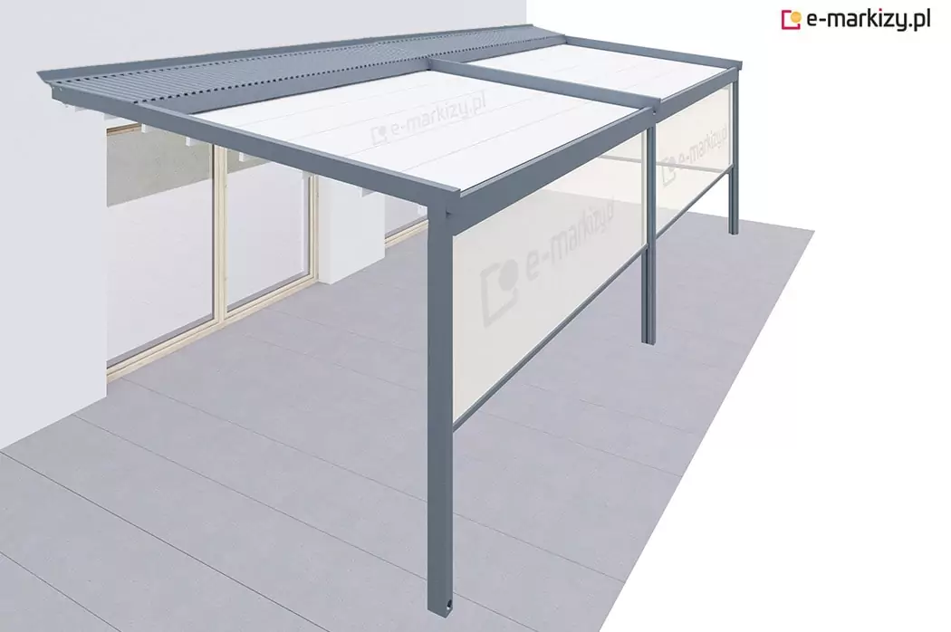 Pergola dwumodułowa z dachem materiałowym, wyposażona w dwie rolety frontowe oraz jedną roletę boczną z prawej strony. Refleksole zamontowane w kasetach zintegrowanych z konstrukcją, zapewniają skuteczną osłonę przed słońcem i wiatrem. Nowoczesna pergola tarasowa o lekkiej, aluminiowej konstrukcji, idealna do aranżacji przestrzeni zewnętrznej.