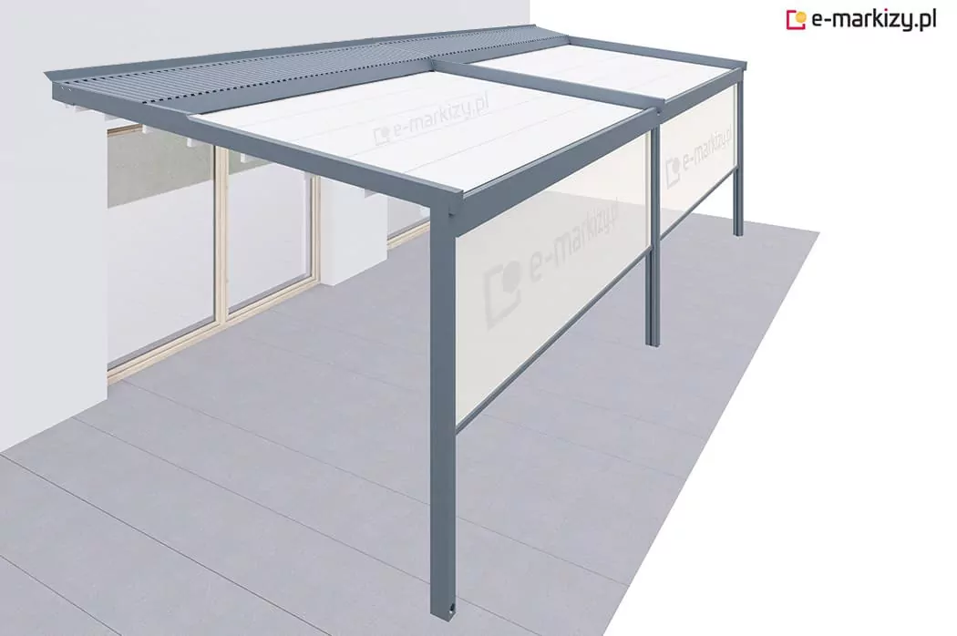 Nowoczesna pergola dwumodułowa z dachem materiałowym i dwoma roletami frontowymi typu Refleksol. Rolety zamontowane w kasetach, zapewniają skuteczną osłonę przeciwsłoneczną i ochronę przed wiatrem. Konstrukcja aluminiowa, minimalistyczna, idealna do zastosowania na tarasach i w ogrodach przydomowych.