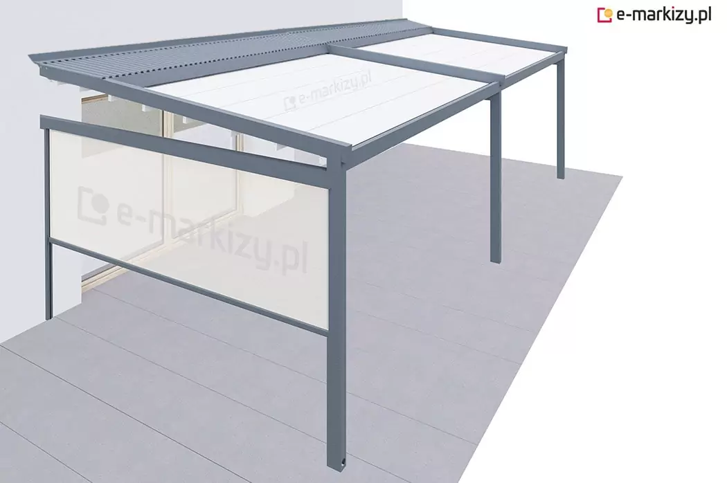 Pergola Simple dwumodułowa z tkaninowym dachem oraz daszkiem przeciwwiatrowym w komplecie. Po lewej stronie zamontowana jest jedna boczna roleta typu refleksol, zapewniająca osłonę przed wiatrem i słońcem. Konstrukcja aluminiowa o nowoczesnym designie idealnie sprawdzi się na tarasach i w ogrodach. Rozwiązanie przeznaczone do całorocznego użytku z możliwością rozbudowy o kolejne przesłony.