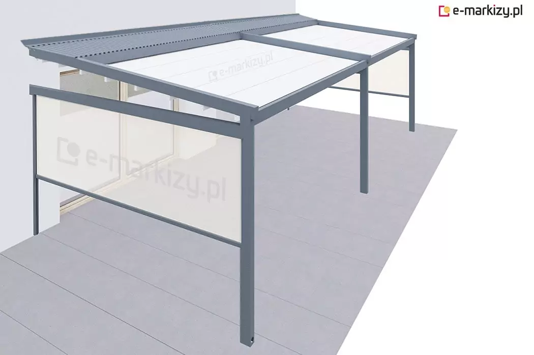 Pergola tarasowa dwumodułowa wyposażona w dwie boczne rolety typu refleksol – po jednej z lewej i prawej stronie. Obie rolety zamknięte są w nowoczesnych kasetach o przekroju kwadratowym, a prowadnice zostały przykręcone bezpośrednio do konstrukcji aluminiowej. Rozwiązanie to zapewnia skuteczną ochronę przed słońcem i wiatrem, zwiększając komfort użytkowania przestrzeni zadaszonej. Idealna opcja do aranżacji nowoczesnych tarasów przydomowych i komercyjnych.