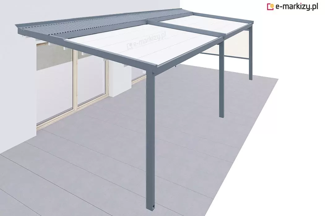 Pergola dwumodułowa z tkaninowym dachem oraz roletą boczną typu refleksol zamontowaną po prawej stronie. Konstrukcja wykonana z wytrzymałego aluminium, idealna do zastosowania przydomowego, zapewnia ochronę przeciwsłoneczną i możliwość osłony przed wiatrem z jednej strony. Minimalistyczny design oraz możliwość dalszej rozbudowy o kolejne przesłony boczne lub frontowe.