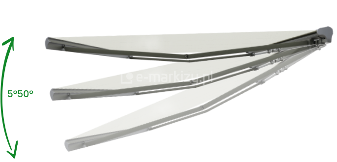 Prezentacja techniczna możliwości regulacji kąta nachylenia ramion w markizie kasetowej Palladio, obrazująca zakres płynnego ustawienia konstrukcji w przedziale od 5° do 50° względem poziomu, co umożliwia optymalne dostosowanie stopnia zacienienia tarasu do aktualnego położenia słońca.