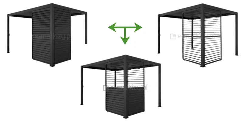 Grafika przedstawia trzy wizualizacje antracytowej pergoli Gloria, prezentujące funkcjonalność regulowanego panelu żaluzjowego, połączone zielonymi strzałkami. Na górnym obrazie po lewej stronie lamele panelu są całkowicie zamknięte, tworząc jednolitą, nieprzezierną ścianę osłonową. Górny obraz po prawej stronie ukazuje panel z lamelami ustawionymi w pozycji poziomej, co zapewnia maksymalny prześwit i dopływ światła. Dolna, centralna wizualizacja prezentuje ustawienie pośrednie, w którym dolna część lameli pozostaje zamknięta, a górna jest otwarta. Cała konstrukcja pergoli, w tym dach, słupy nośne oraz ramy ruchomych paneli, utrzymana jest w spójnej, ciemnoszarej kolorystyce.