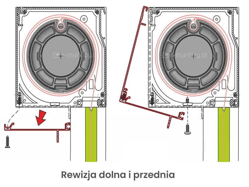 Rysunek techniczny pokazujący dwa typy rewizji kasety rolety ZIP MOL: rewizję dolną i przednią. Ilustracja ułatwia wybór odpowiedniego rozwiązania serwisowego przy montażu systemów rolet zewnętrznych lub podtynkowych.