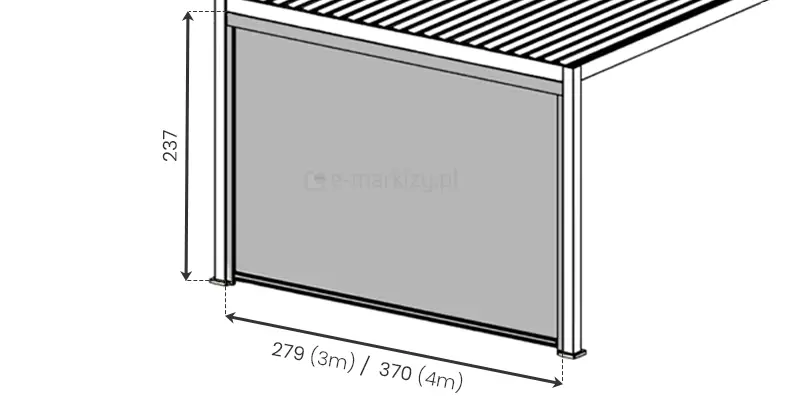 Rysunek techniczny przedstawiający wymiary rolety bocznej dedykowanej do pergoli Gloria, przedstawiony w formie uproszczonego schematu izometrycznego. Na grafice widoczna jest część konstrukcji pergoli z dachem lamelowym, gdzie w świetle bocznego boku zamontowano materiałową roletę w kolorze szarym. Pionowa linia wymiarowa po lewej stronie wskazuje wysokość rolety wynoszącą 237 cm. Pozioma linia wymiarowa na dole określa dwie dostępne szerokości rolety: 279 cm (dla boku pergoli o długości 3 m) oraz 370 cm (dla boku o długości 4 m). Roleta jest umieszczona w bocznych prowadnicach zintegrowanych ze słupami pergoli, a jej dolna krawędź zakończona jest listwą obciążającą.