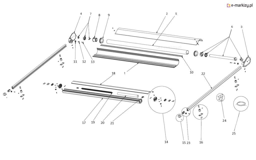 szczegółowy rysunek techniczny w formie rozstrzelonego schematu montażowego (exploded view), przedstawiający wszystkie podzespoły wchodzące w skład systemu osłony przeciwsłonecznej typu Veranda. Rysunek ukazuje rozłożoną na części pierwsze konstrukcję, gdzie poszczególne elementy zostały oznaczone numerami od 1 do 25, co pozwala na identyfikację każdego detalu mechanicznego. W górnej sekcji schematu widoczne są elementy obudowy kasety, rura nawojowa oraz mechanizmy napędowe montowane po obu stronach wału, w tym boczne płyty montażowe, łożyska, adaptery oraz zaślepki końcowe. W dolnej części rysunku rozrysowano profile prowadzące, belkę końcową, wewnętrzne mechanizmy napinające tkaninę oraz systemy mocowań, takie jak wsporniki montażowe i drobne akcesoria typu śruby, podkładki i wkręty. Całość schematu odzwierciedla precyzyjną budowę mechaniczną osłony, ukazując sposób wzajemnego dopasowania elementów aluminiowych profili, mechanizmów zwijających oraz systemu prowadnic, co służy jako instrukcja serwisowa lub montażowa dla specjalistów zajmujących się systemami osłonowymi.