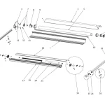 szczegółowy rysunek techniczny w formie rozstrzelonego schematu montażowego (exploded view), przedstawiający wszystkie podzespoły wchodzące w skład systemu osłony przeciwsłonecznej typu Veranda. Rysunek ukazuje rozłożoną na części pierwsze konstrukcję, gdzie poszczególne elementy zostały oznaczone numerami od 1 do 25, co pozwala na identyfikację każdego detalu mechanicznego. W górnej sekcji schematu widoczne są elementy obudowy kasety, rura nawojowa oraz mechanizmy napędowe montowane po obu stronach wału, w tym boczne płyty montażowe, łożyska, adaptery oraz zaślepki końcowe. W dolnej części rysunku rozrysowano profile prowadzące, belkę końcową, wewnętrzne mechanizmy napinające tkaninę oraz systemy mocowań, takie jak wsporniki montażowe i drobne akcesoria typu śruby, podkładki i wkręty. Całość schematu odzwierciedla precyzyjną budowę mechaniczną osłony, ukazując sposób wzajemnego dopasowania elementów aluminiowych profili, mechanizmów zwijających oraz systemu prowadnic, co służy jako instrukcja serwisowa lub montażowa dla specjalistów zajmujących się systemami osłonowymi.